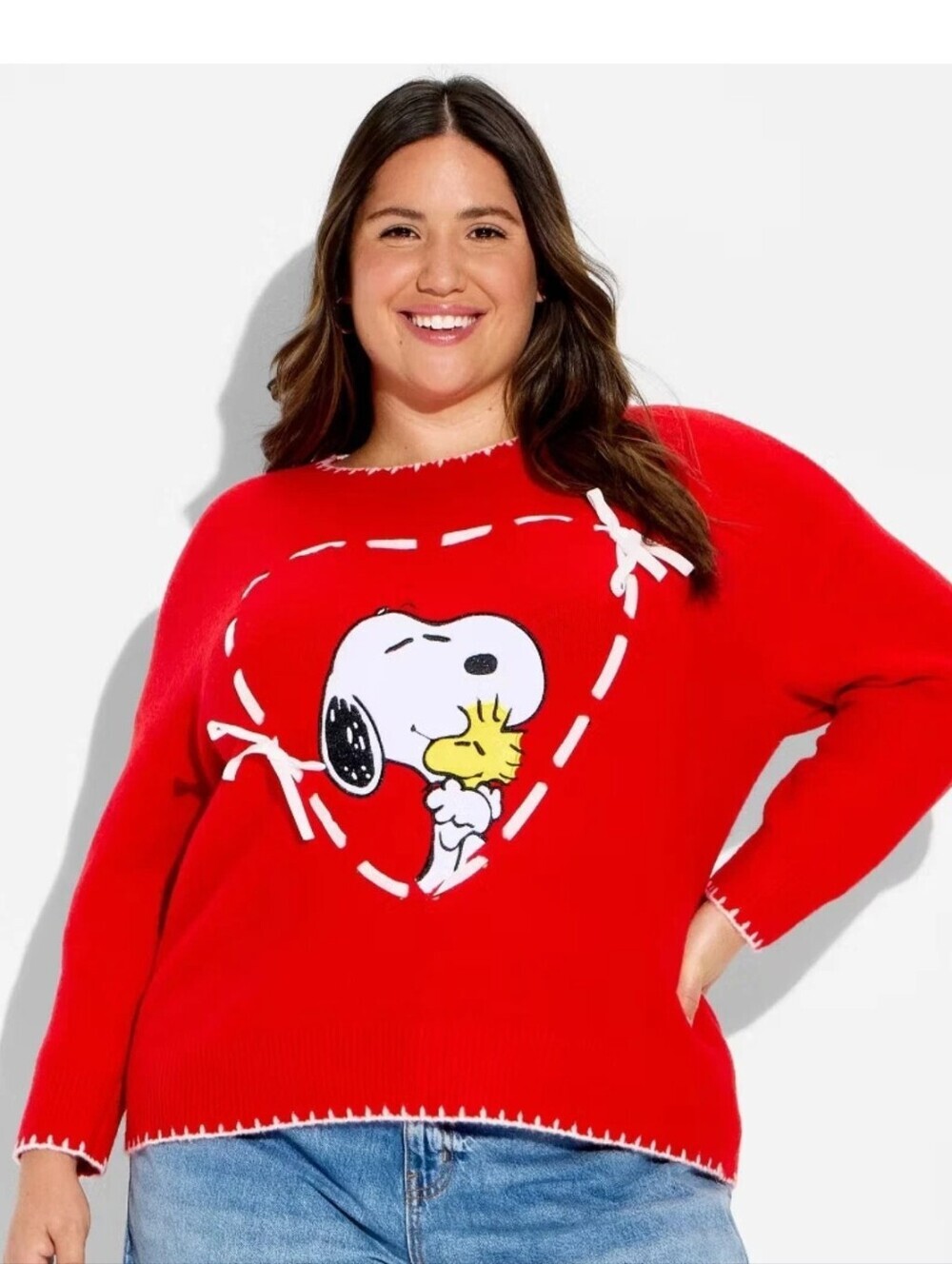 Peanuts Women's Snoopy and Woodstock Heart Graphic Pullover Sweater - Cherry Red